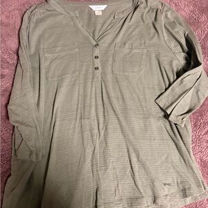 CJ Banks Olive Green Long Sleeve Henley with Chest Pockets